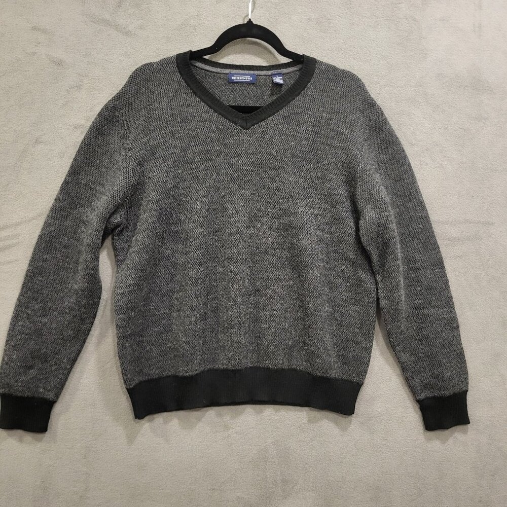 Consensus Merino Wool‎ Blend Sweater Men's Large Gray V Neck Classic Warm Cozy
